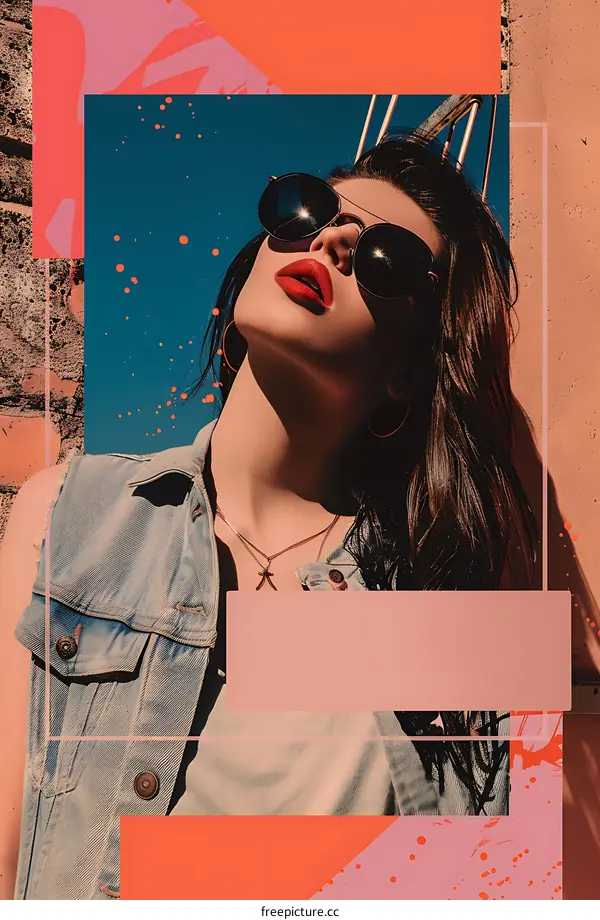 Woman Wearing Sunglasses and Denim Jacket Against Colorful Background