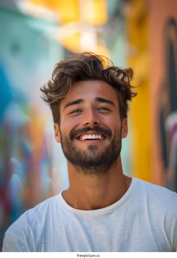 Smiling Man Outdoors in Vibrant City Setting