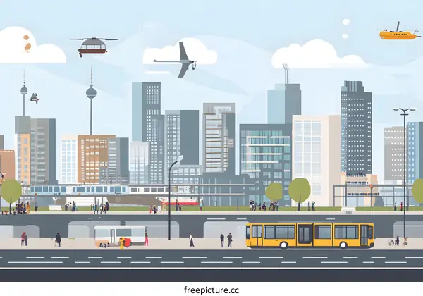 Futuristic Cityscape with Flying Cars and a Yellow Bus