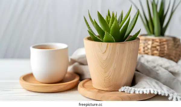 Wooden Plant Pot and Coffee Cup on Table
