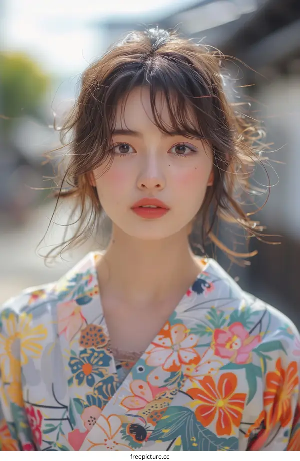Young Asian Woman Wearing a Floral Kimono