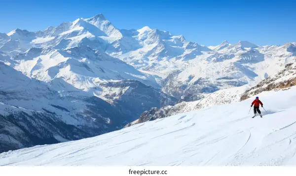 A skier is skiing down a slope in the Alps.