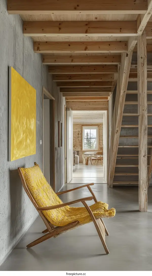 Wooden Beams Corridor Interior Design with Yellow Chair