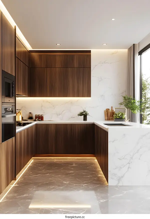 Modern Kitchen Interior Design with Wooden Cabinets and Marble Countertops