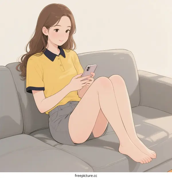 A young woman sitting on a sofa using a smartphone