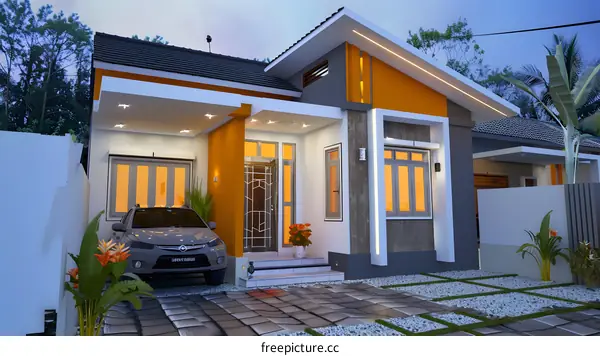 Modern House Exterior Design with Orange and Grey Colors