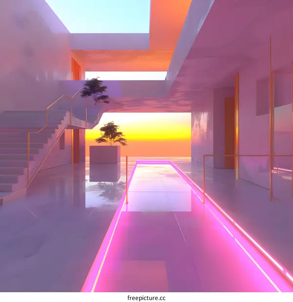 Modern Minimalist Architecture with Neon Lights and Pink Pool