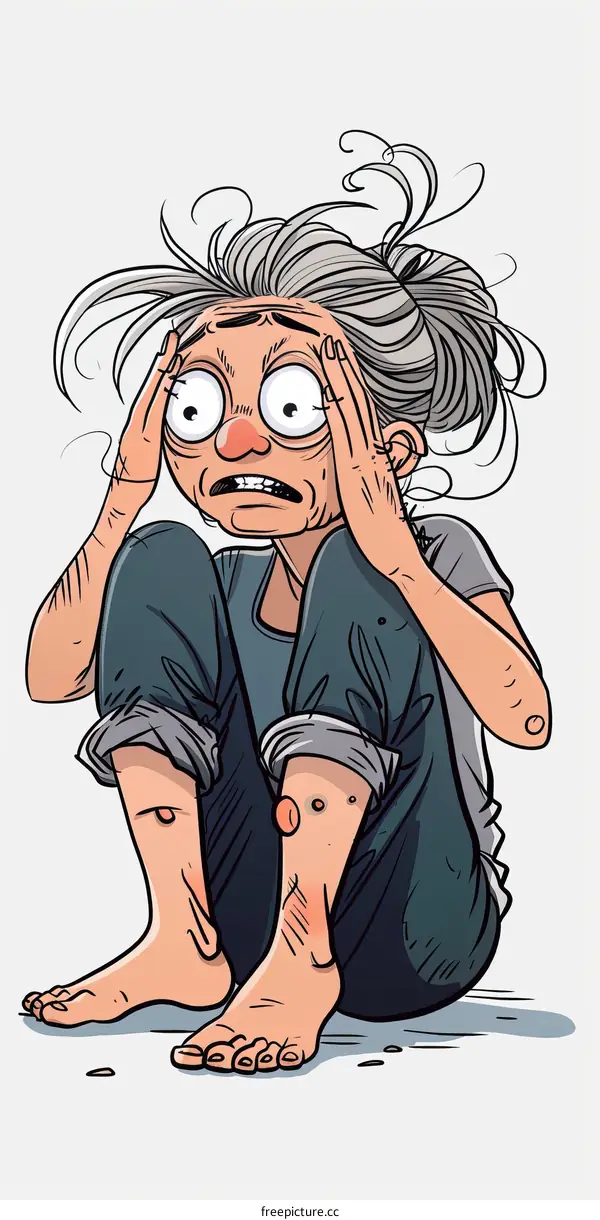 An old woman is sitting on the ground, holding her head and looking scared