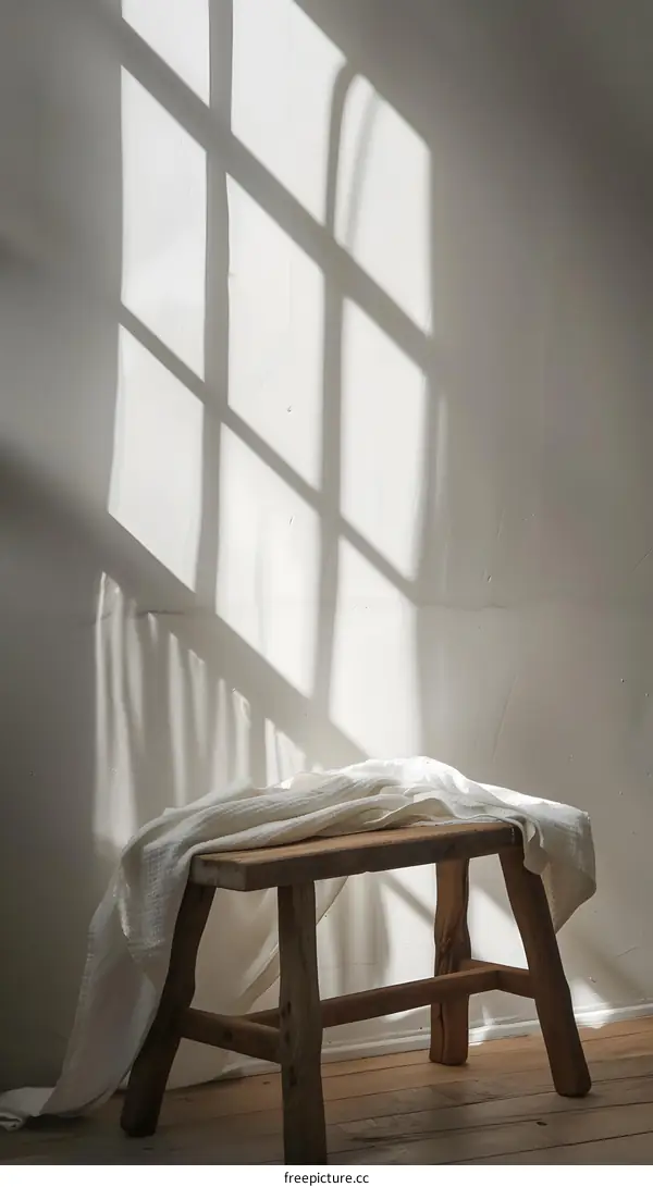 Rustic Wooden Stool With White Cloth Draped Over It In A Room With Sunlight Streaming Through A Window