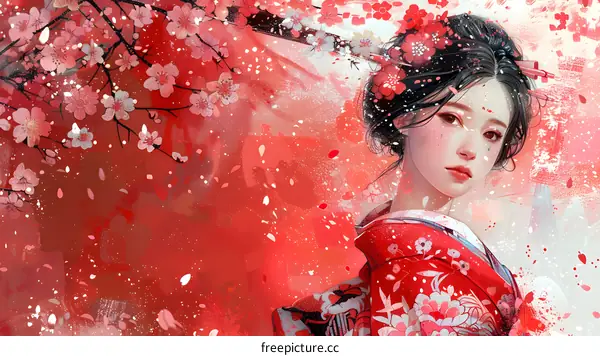 A beautiful Japanese woman with black hair and red kimono standing in a field of cherry blossoms.