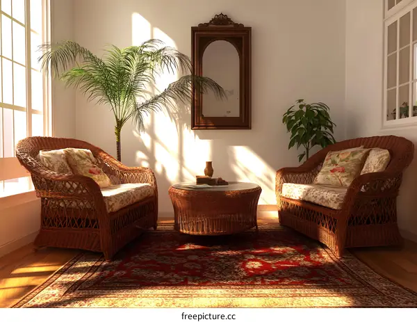 Cozy Living Room with Wicker Furniture and a Palm Tree