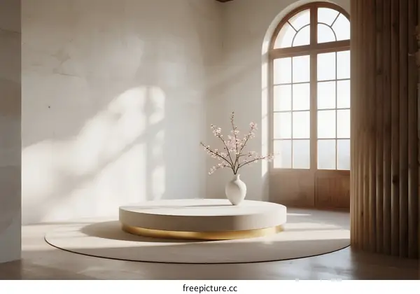 Minimalist Interior Space with Arched Window and Cherry Blossom Vase