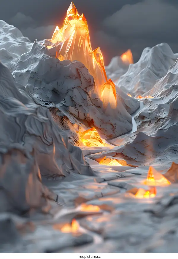 Fantasy landscape with glowing crystals and mountains