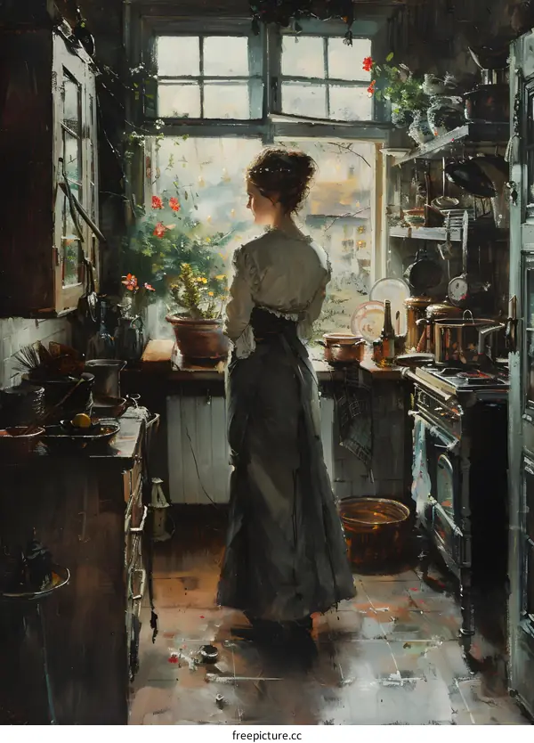 A woman standing in a kitchen looking out the window