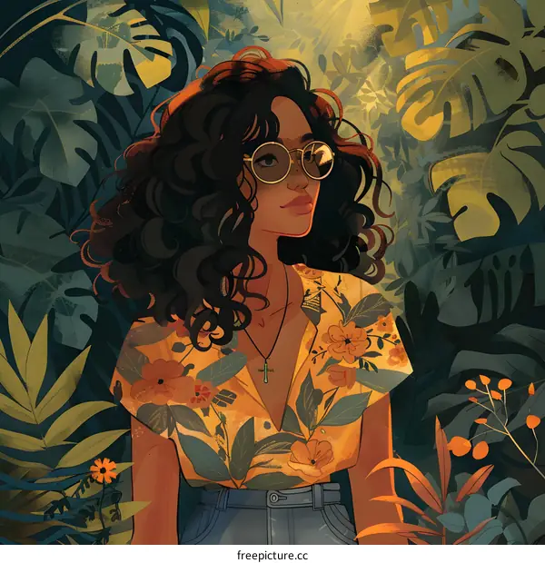 Woman with Curly Hair Wearing a Floral Shirt and Sunglasses Standing in a Jungle