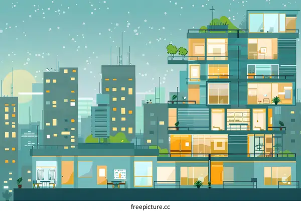 Night Cityscape with Modern Architecture and Illuminated Windows