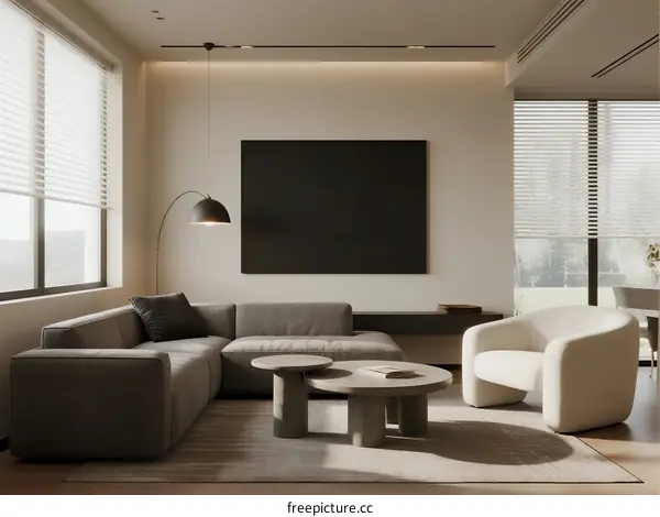 Modern minimalist living room with large blank canvas and comfortable sofa