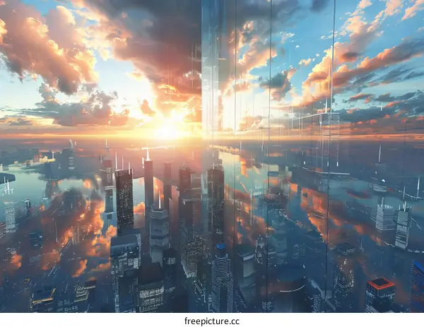 Futuristic City Skyline at Sunset Reflection