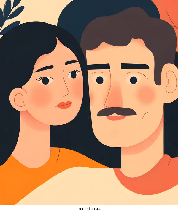 Couple Portrait Illustration With Orange And Blue Colors