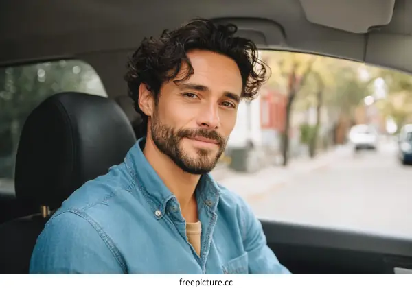 A man with curly hair sitting in a car