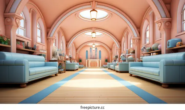 A pink cartoon church with blue pews and pink walls