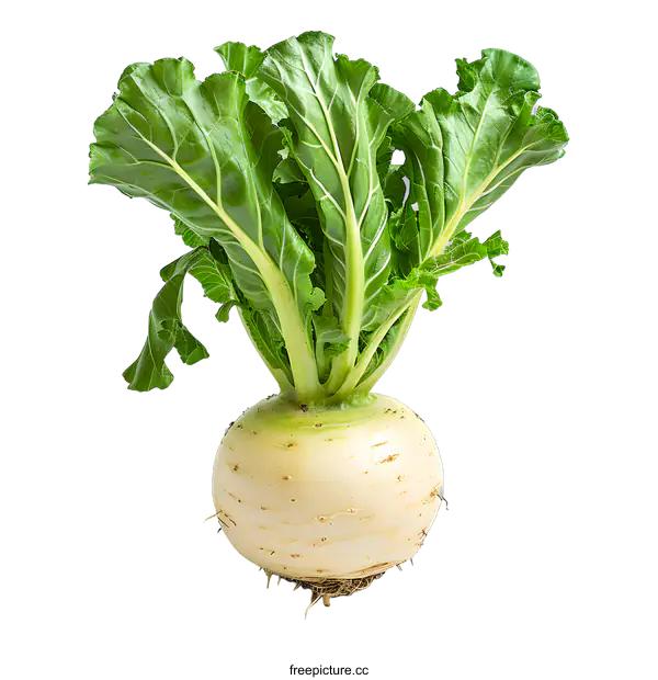[Transparent Background PNG]A large white turnip with green leaves.