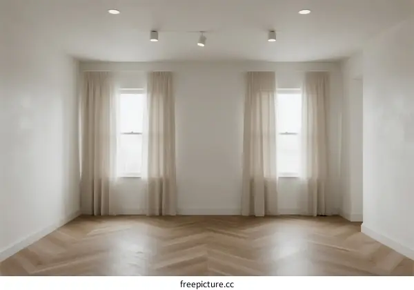 Empty room with white walls and wooden flooring and two windows