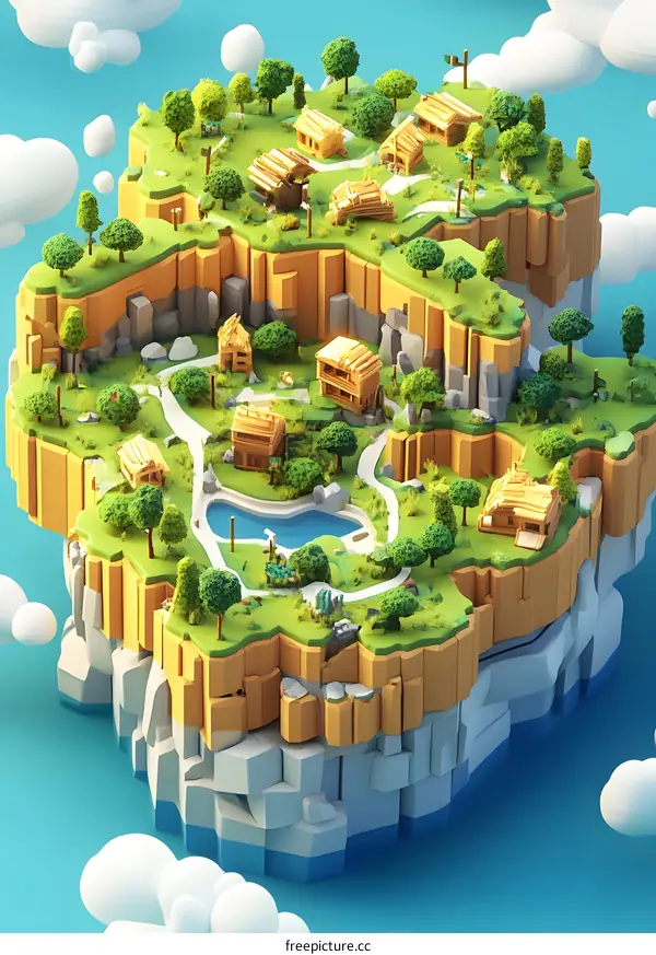 Low Poly Village on a Clifftop Island