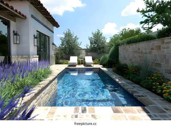 Modern Backyard Pool Design With Stone Wall And Lush Greenery