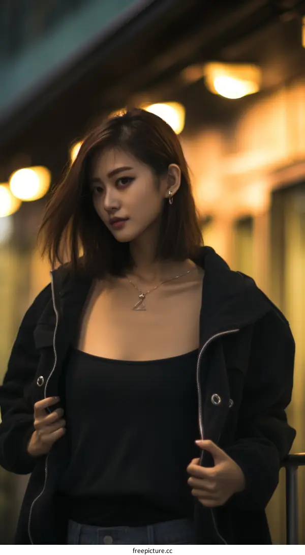 Portrait of a young Asian woman in a black jacket standing in front of a blurred background of city lights at night