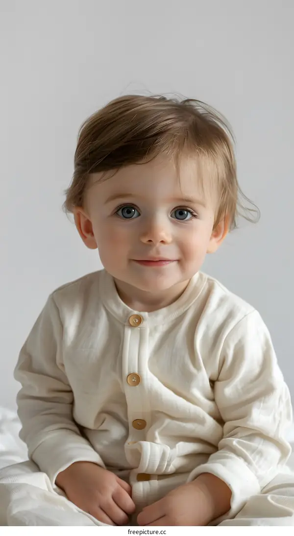 Portrait of a happy baby boy with blue eyes and blond hair