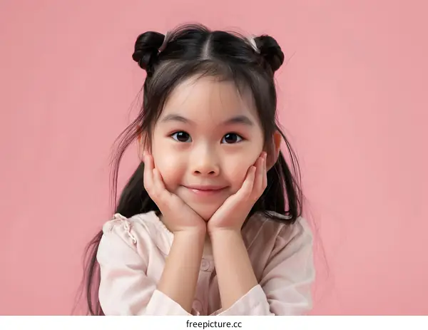 Portrait of a Little Asian Girl with Pink Background