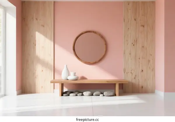 Modern Minimalist Living Room Interior with Pink Wall and Wooden Elements