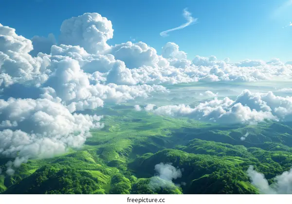 Aerial View of Lush Green Mountains and Fluffy Clouds