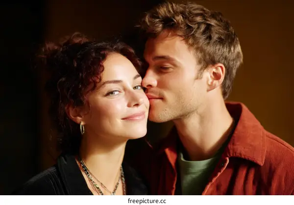 A young couple sharing an intimate moment in a warm setting