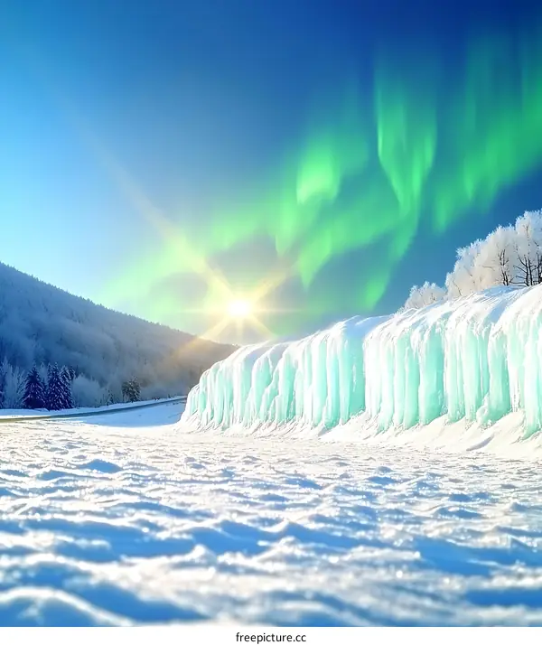 Northern Lights Over Frozen Waterfall in Winter