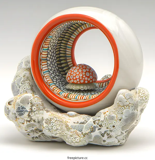 A ceramic sculpture of a hand holding a coral-like structure with a red mushroom inside