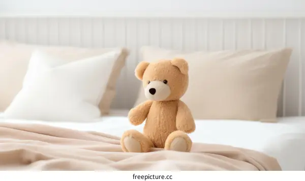 A cuddly teddy bear on the bed