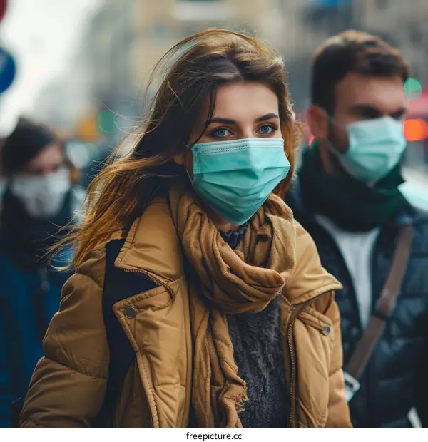 A young woman wearing a mask walks down a crowded street