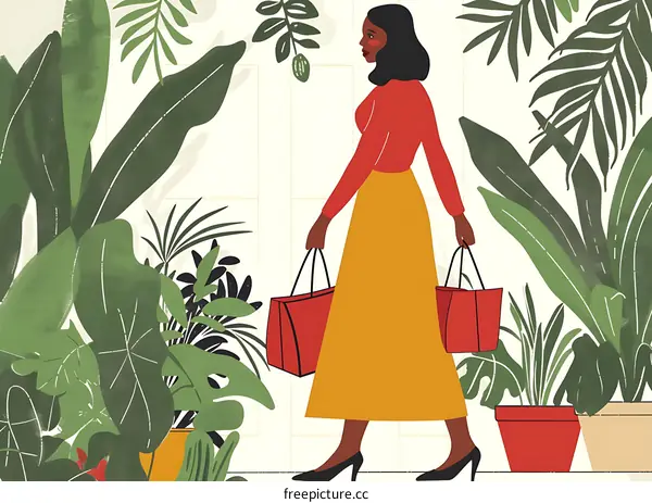 Woman Walking Through Plants With Shopping Bags