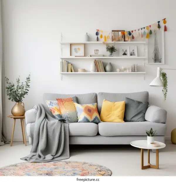 Cozy Living Room with Gray Sofa, Colorful Pillows, and Coffee Table