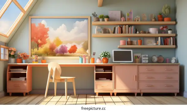 Cozy pink and blue home office with large windows