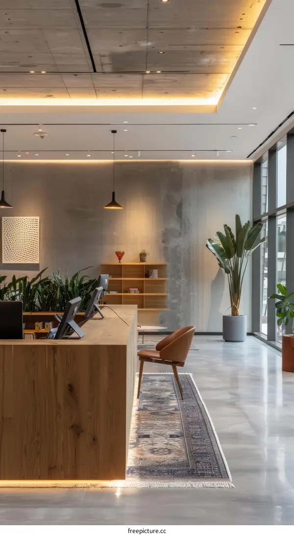 Modern office interior with wooden furniture and plants