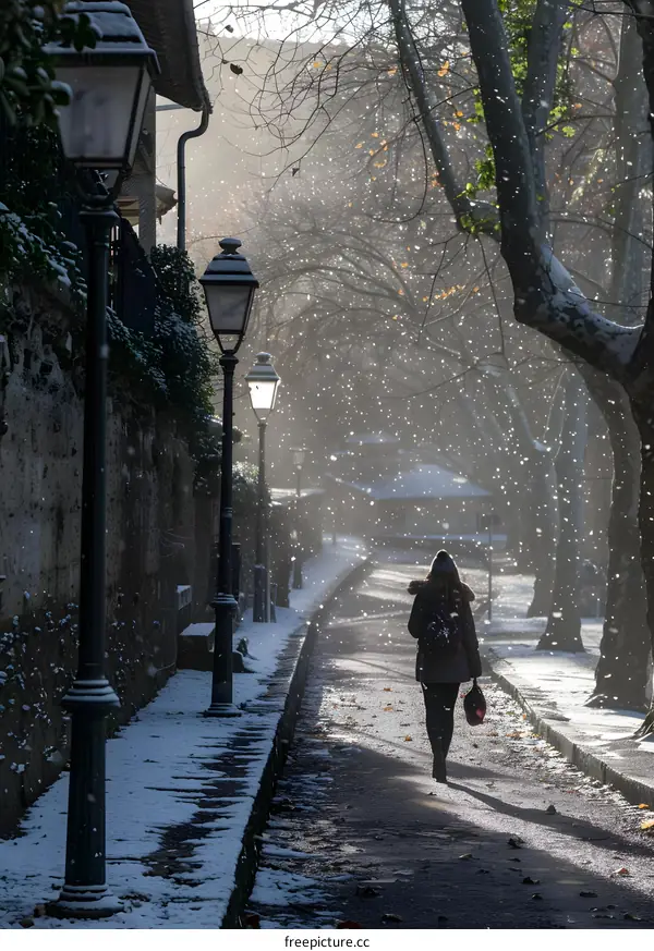 Woman Walking on Snowy Path with Street Lights and Trees