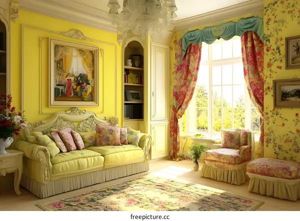 Yellow living room with a sofa and a painting on the wall