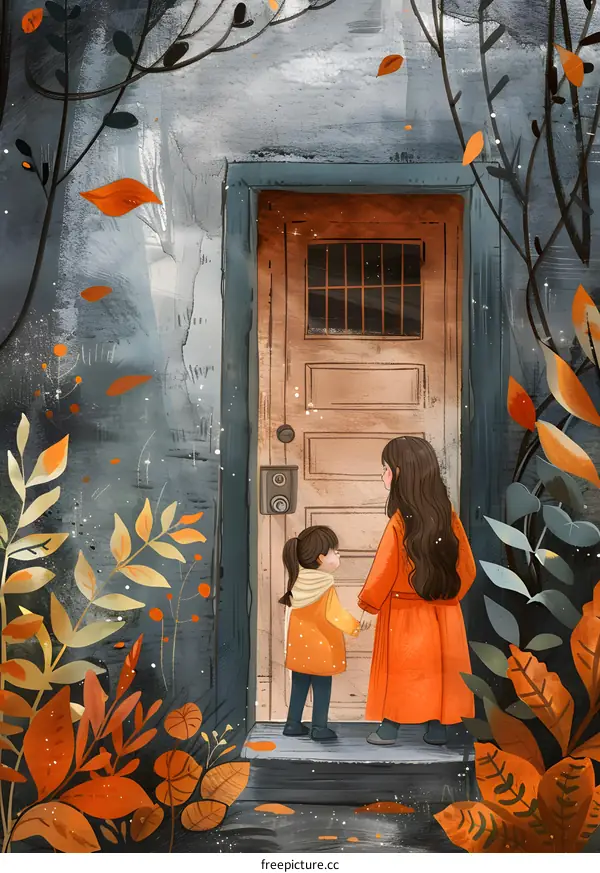 Two Girls Standing In Front Of A Door In Autumn
