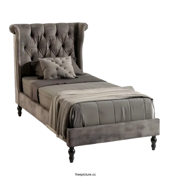 [Transparent Background PNG]Gray Upholstered Bed with Wooden Legs and Pillows