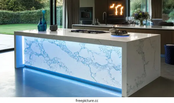 Modern Kitchen Island with Illuminated Marble
