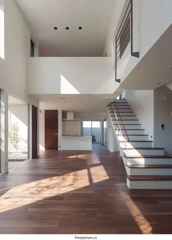 Modern Minimalist Home Interior Design With Wooden Floor and Staircase