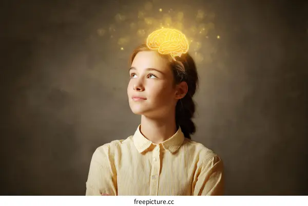 Teenage Girl with Brain Illustration